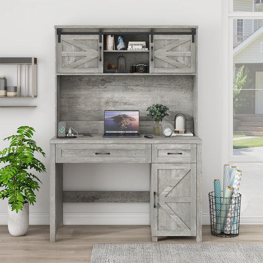 Halitaa Farmhouse 47'' Executive Desk, I-Shape Desk with 3 Drawers, 2 Cabinets, Gray Oak, for Home Office - WoodArtSupply