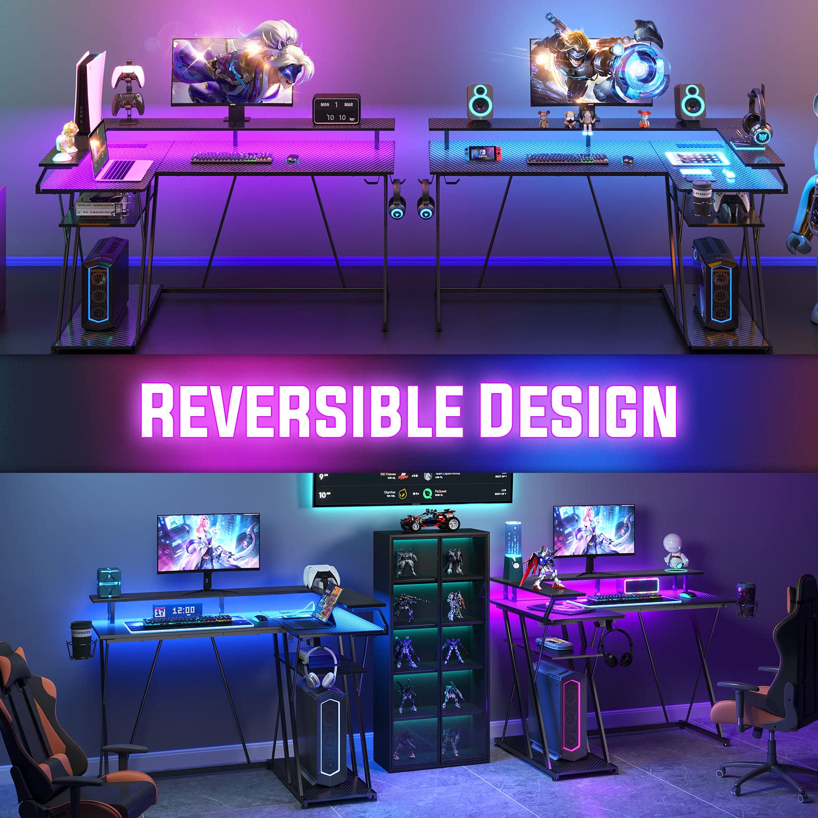 SEVEN WARRIOR L Shaped Gaming Desk with LED Lights & Power Outlets, 43” Reversible Corner Desk with Storage Shelf, Computer Desk with Monitor Stand, Gaming Table with Cup Holder, with Hooks,  - WoodArtSupply