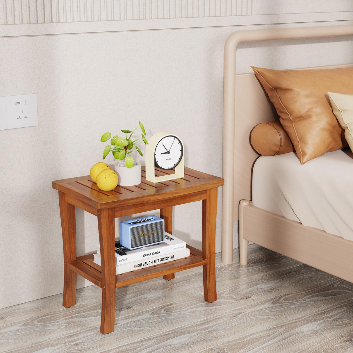 Large Teak Wood Shower Bench Stool with Storage Shelf Wooden Teak Bench for Shower Seat Chair for Inside Shower Waterproof Teakwood Shower Bench Bathroom Spa Bathing Shower Stool with Non-Slip Feet Greenual