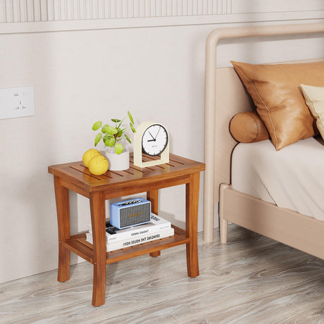 Teak Wood Shower Bench Stool with Storage Shelf, Wooden Waterproof Bathroom Spa Bathing Teak Shower Stool with Non-Slip Feet Gadget 2024 for Indoor or Outdoor Shower Chair Seat Organizer Greenual