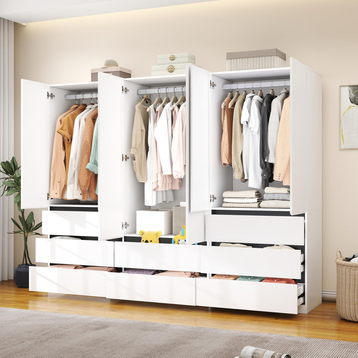 LABROSKIA Wardrobe Closet with 6 Doors: 75" White Armoire with 8 Drawers, Wooden Wardrobe for Hanging Clothes, Tall Storage Cabinet with Shelves and Hanging Rod (B+B+A, 94.5") LABROSKIA