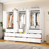 LABROSKIA Wardrobe Closet with 6 Doors: 75" White Armoire with 8 Drawers, Wooden Wardrobe for Hanging Clothes, Tall Storage Cabinet with Shelves and Hanging Rod (B+B+A, 94.5") LABROSKIA