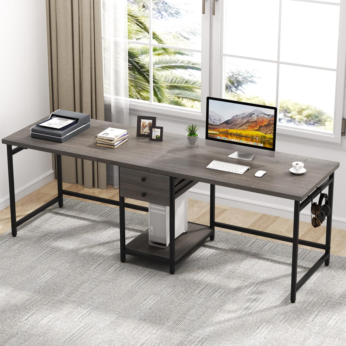 Tribesigns 78.74’’ Two Person Desk with 2 Drawers, Long Double Computer Desk Gaming Table with Shelves, Industrial Study Writing Table Workstation for Home Office, Grey Tribesigns