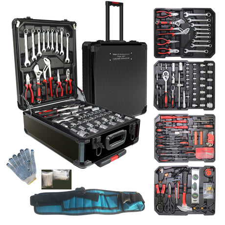 Arcwares 799pcs Aluminum Trolley Case Tool Set Silver, House Repair Kit Set, Household Hand Tool Set, with Tool Belt,Gift on Father's Day (Black) Arcwares