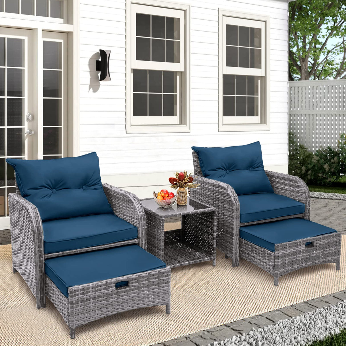 FYRICKYLINOO 5 Pieces Wicker Outdoor Patio Chairs Set with Ottoman, All Weather PE Rattan Patio Conversation Furniture Set Outdoor Furniture Set with Hidden Ottoman, Blue FYRICKYLINOO