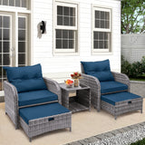 FYRICKYLINOO 5 Pieces Wicker Outdoor Patio Chairs Set with Ottoman, All Weather PE Rattan Patio Conversation Furniture Set Outdoor Furniture Set with Hidden Ottoman, Blue FYRICKYLINOO