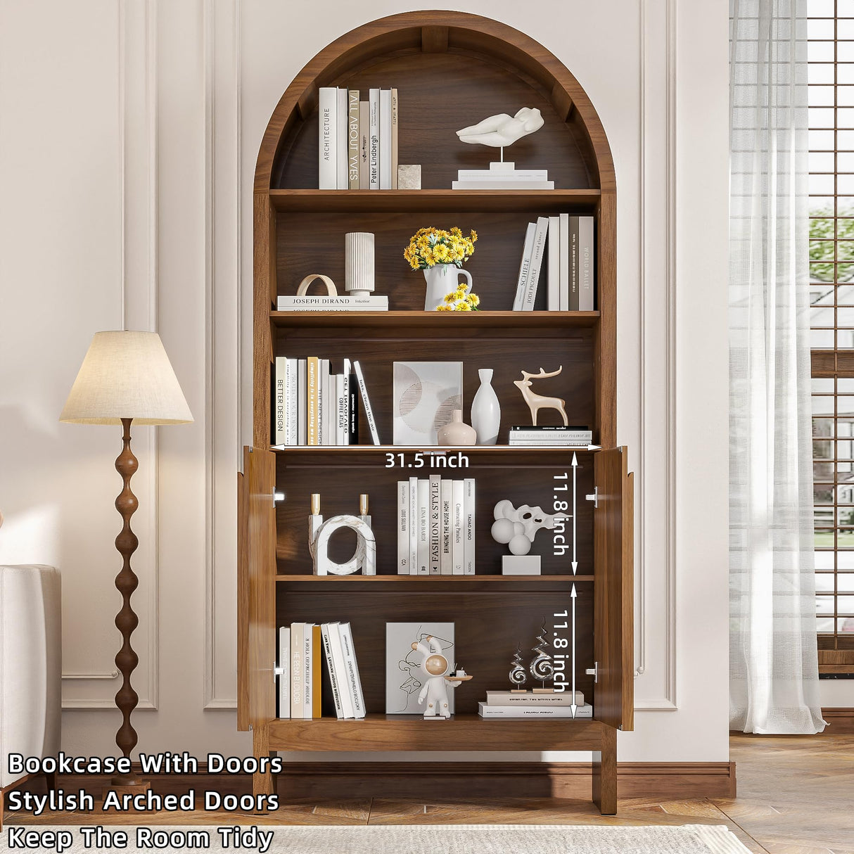 Mid Century Arched Bookcase, 5 Shelf Tall Book Shelf with Doors, 71 Inch Display Case Storage Cabinet, Large Library Arch Bookshelf, Wooden 5 Tier Book Case for Living Room, Office, Brown, Walnut Jluomei