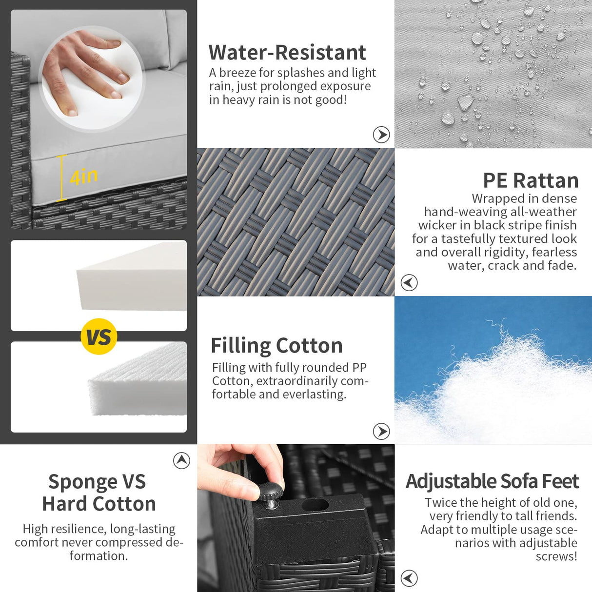 Rattaner Outdoor Wicker Furniture Couch Set 5 Pieces Patio Furniture Sectional Sofa with Grey No-Slip Cushions and Waterproof Covers Rattaner