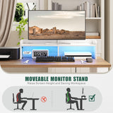 Lareth L Shaped Desk with Monitor Stand Farmhouse Computer Desk with Led Light and Power Outlet, Executive Desk for Home Office Room Workstation with File Cabinet for Working Gaming, Antique White Lareth