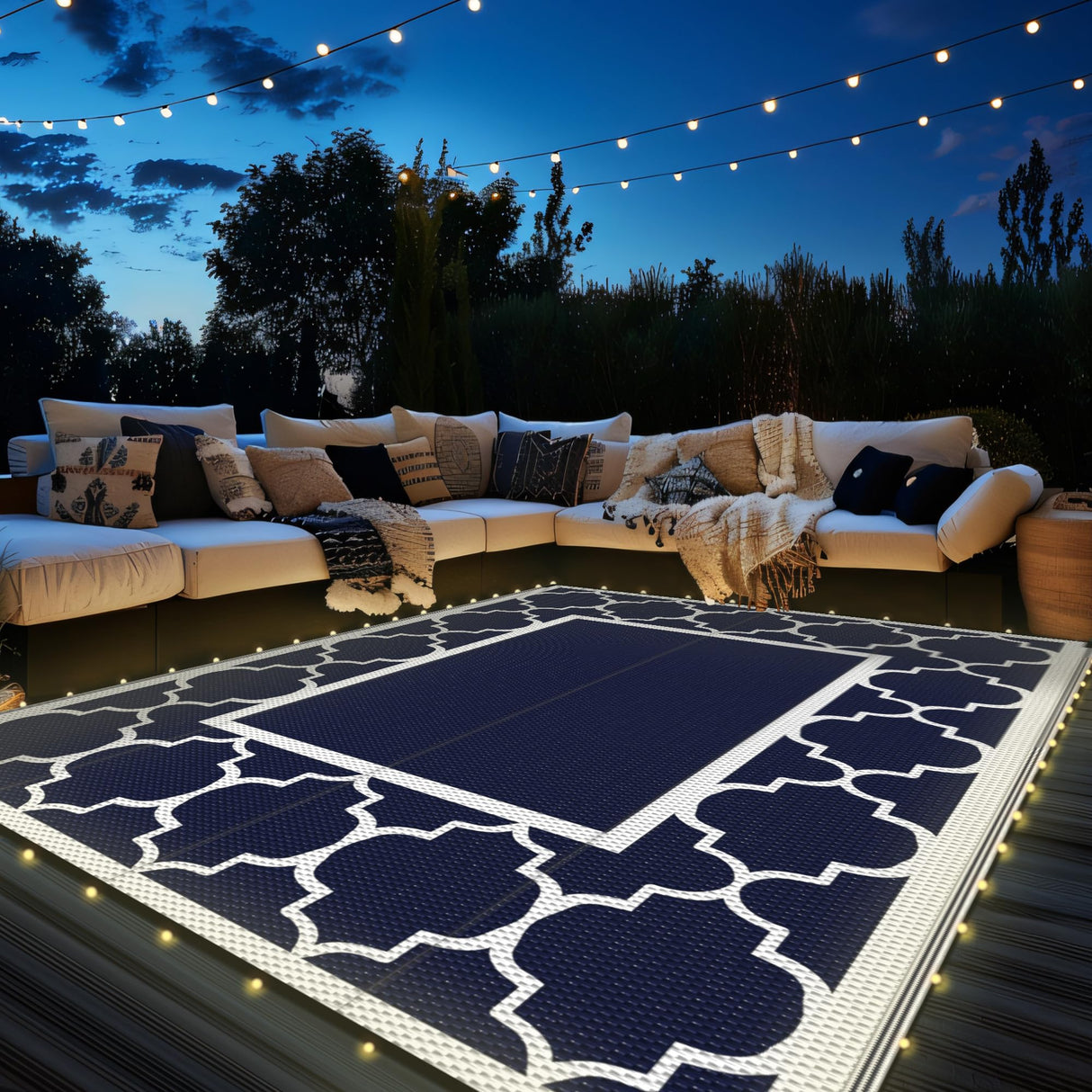 GENIMO 6' x 9' Outdoor Rug Waterproof for Patio Decor, Foldable Reversible Plastic Straw Area Rugs Mat with String Light, Led Carpet for Camper, Rv, Deck, Porch, Picnic, Beach, Balcony, Blue & White GENIMO