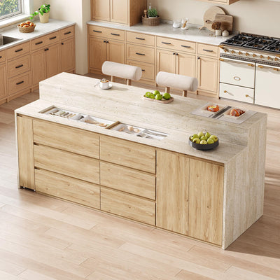 90.6"W Stationary Kitchen Island with Double-layer Countertop, Kitchen Island Storage Cabinet with Adjustable Shelves & 6 Drawers, Island table with Pull Out Spice Rack for kitchen , Dining Room