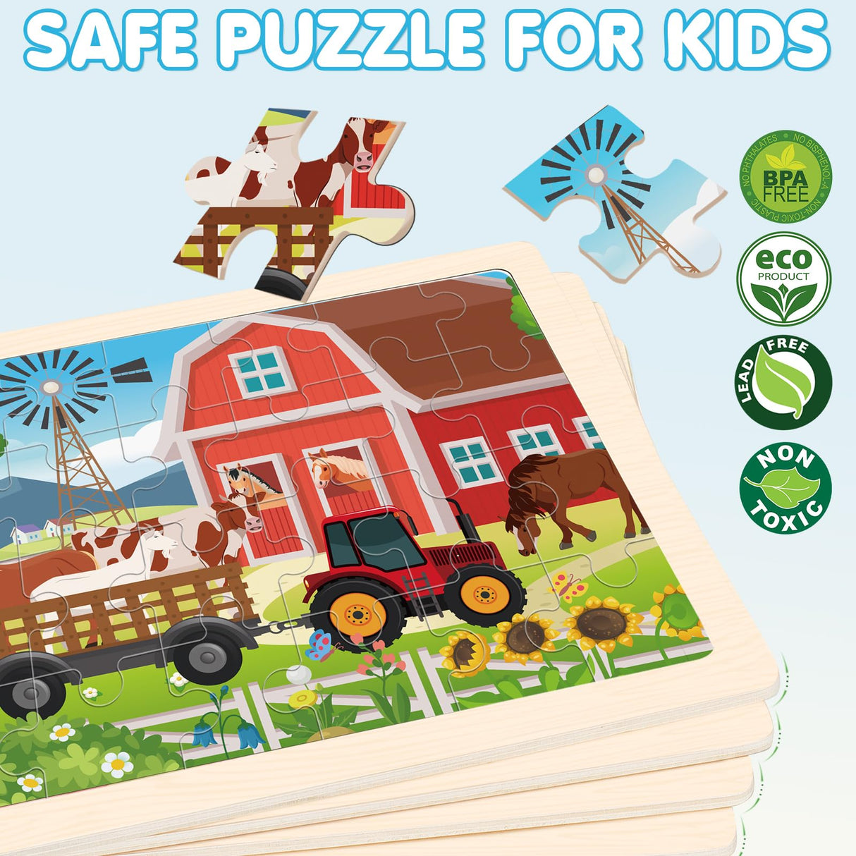 Wooden Farm Puzzles for Kids Age 3 4 5 Year Old, 4 Pack 24 Pcs Montessori Toddler Jigsaw Puzzles for Girl boy Activities Preschool Learning Educational Birthday Gift LACCHOUFEE