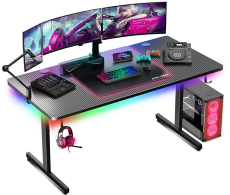 GTRACING Gaming Desk 55 Inch with LED Lights, Large Computer Desk with Mouse Pad for Home Office, T-Shaped Carbon Fibre Surface PC Game Workstations with Headphone Hook, Black GTRACING