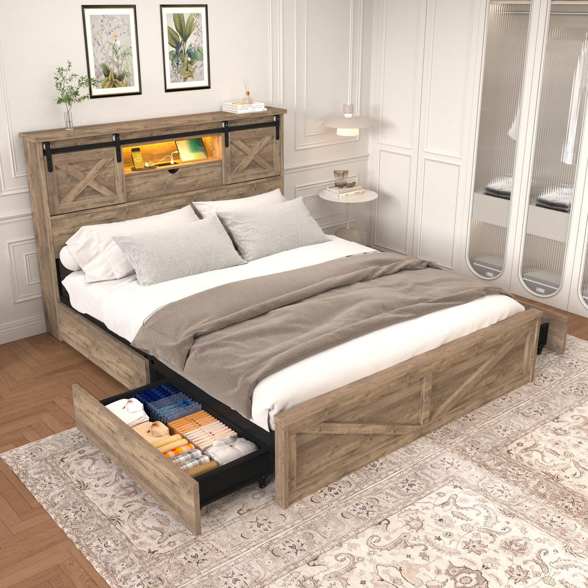 HMYFGD Farmhouse Queen Size Bed Frame with Storage Bookcase Headboard, Wooden Bed with LED Lights, Charging Station, 2 Drawers, Rustic Bed Frame with Sliding Barn Door for Bedroom (Grey Oak, Queen) HMYFGD