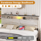 madeslves Farmhouse Wooden Bed Frame King Size with Storage Headboard, Boho Platform Bedframe with LED Lights and Charging Station, Metal Slats Support, No Box Spring Needed, White madeslves