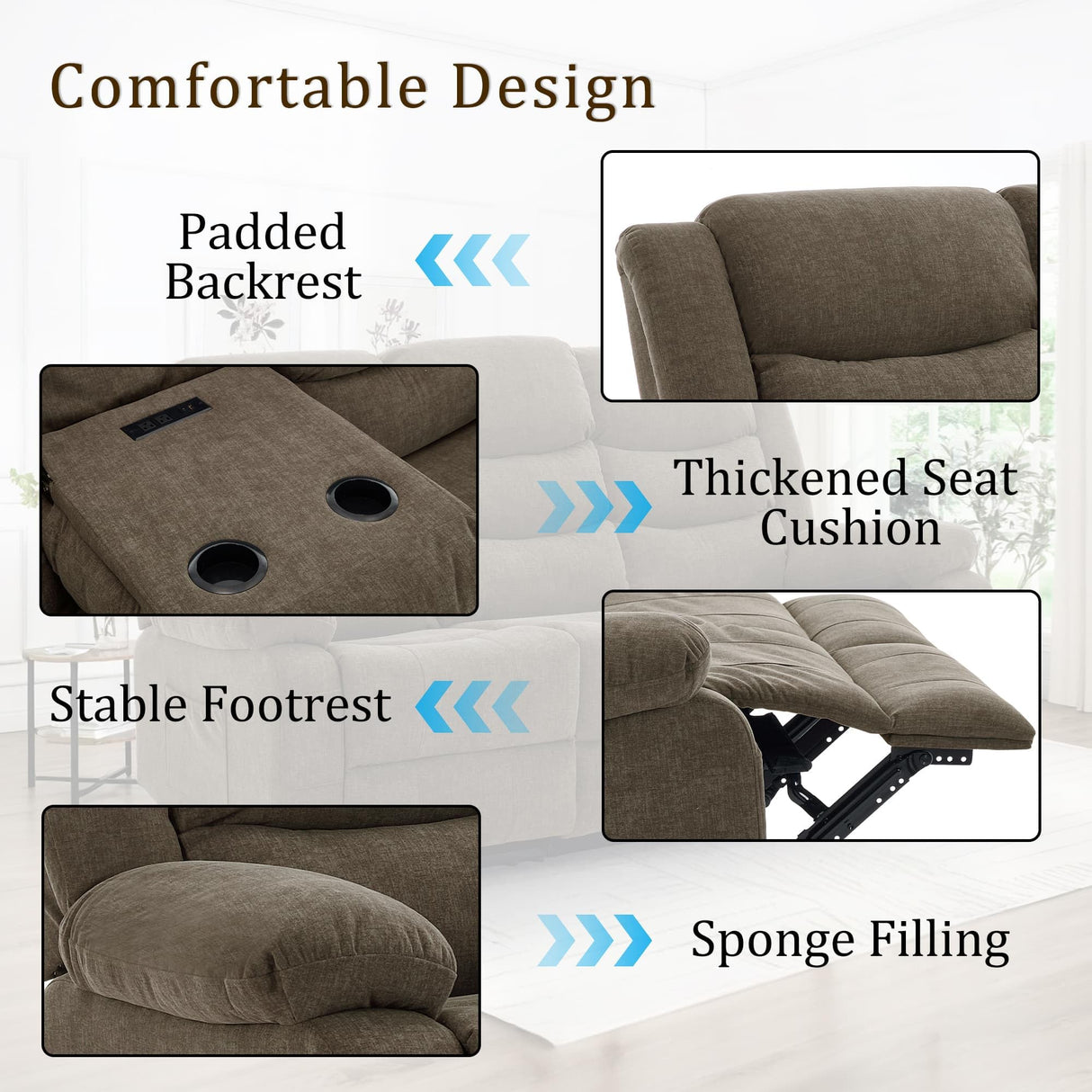 Korser Recliner Sofa, Reclining Loveseat with Console, Oversized Reclining Couch with Drop Down Table, 3-Seater Sofa with Cup Holder and Recessed Power Strip, Brown Korser