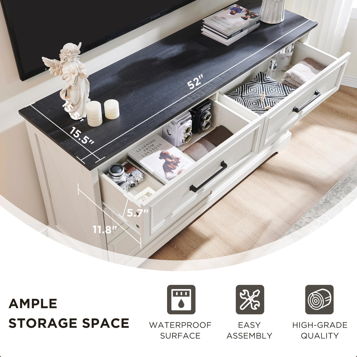 ACCOHOHO Farmhouse 6 Drawer Dresser for Bedroom, 52 Inch Wide Modern Dresser TV Stand with Large Drawers & Bar Handles, Rustic Wood Dresser Chest of Drawers for Bedroom, Living Room, Hallway, White ACCOHOHO