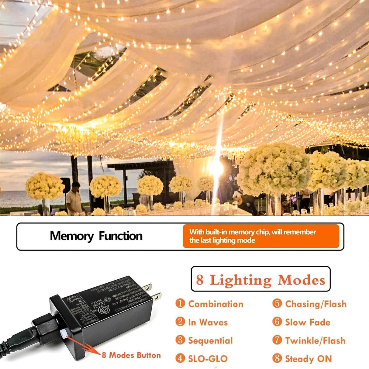 Super-Long 180FT 500 LED Christmas String Lights Indoor/Outdoor, Waterproof Warm White Christmas Lights, 8 Modes Led String Fairy Lights Decorative for Wedding Party Patio Garden Christmas Tree SANJICHA