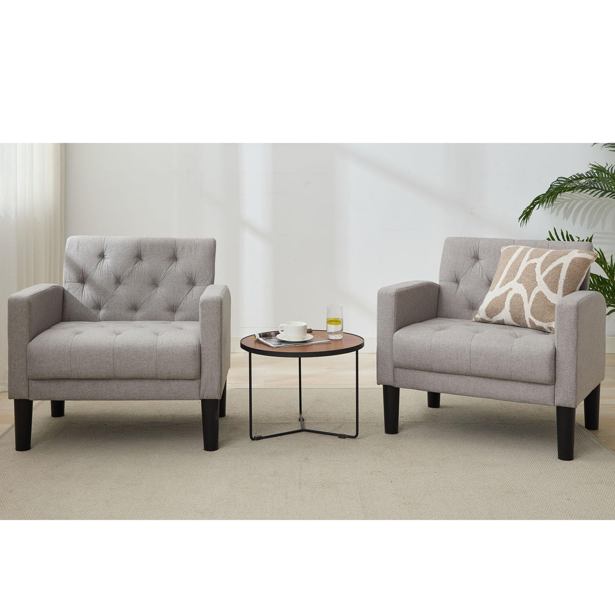 TYBOATLE Accent Chairs Set of 2 Comfy Living Room Chair Tufted Mid Century Modern Accent Chair, Cozy Upholstered Reading Arm Chair for Office, Bedroom (Light Grey, Set of 2) TYBOATLE