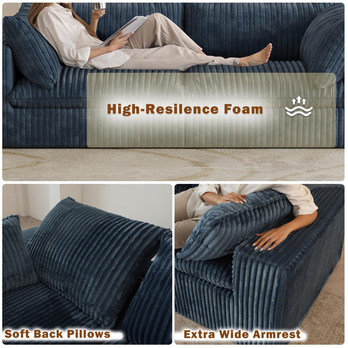 CKEASEAN 78.8" Corduroy Boneless Loveseat Couch with Removable Cushion, Cloud sectional Sofa, No Assembly Required, Compression Sofa in a Box, DlY Combination for Living Room (Blue) CKEASEAN