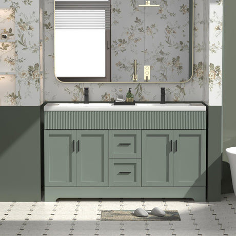eclife 60" Bathroom Vanities Sink Combo with Painted Surface, Modern Drawered Cabinet W/Decorative Wave Lines, Undermount Double Sink, Matte Black Faucet Drain, Green eclife