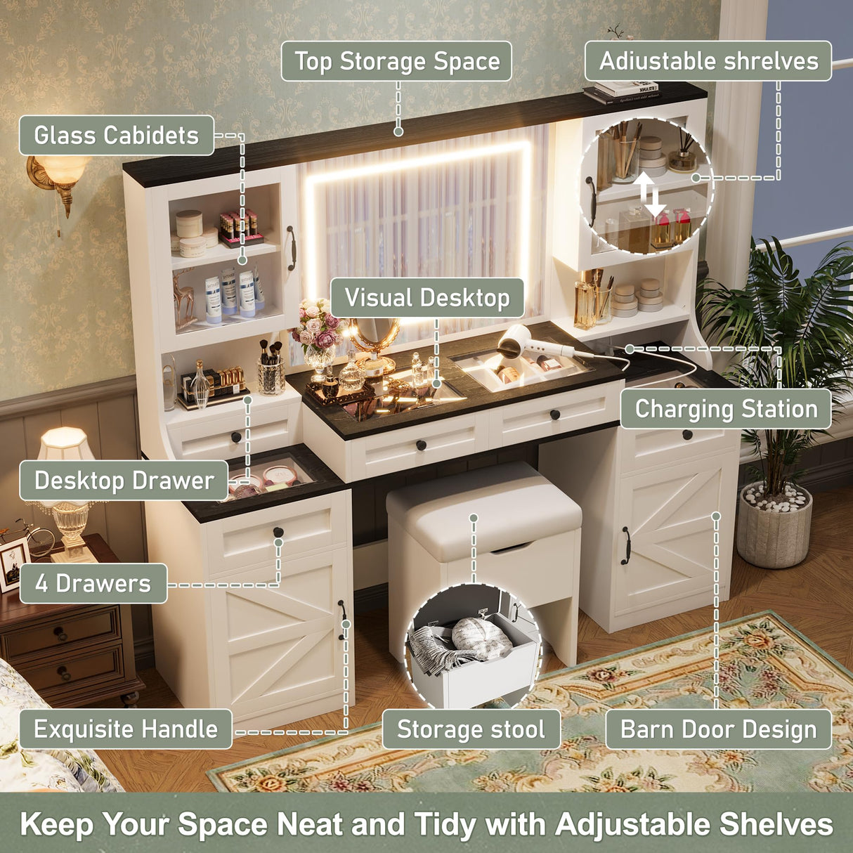 Merax Vanity Desk with Mirror, LED Lights and Power Outlet, Large Glass Top Makeup Vanity Table with 5 Drawers & 4 Cabinets, Farmhouse Dressing Table and Cushioned Storage Stool, for Bedroom, White Merax