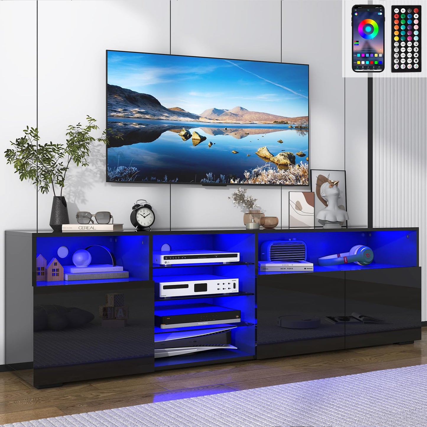 Vinctik 6&Fox 63IN LED TV Stand for 65/70inch TV,High Glossy White TV Stand for Living Room,Modern Gaming Entertainment Center with Storage Drawer,RGB LED Lighting,Modern TV Cabinet(Black) - WoodArtSupply