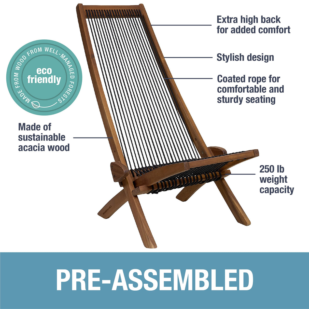 CleverMade Tamarack Folding Rope Chair - Foldable Outdoor Low Profile Wood Lounge Chair for the Patio, Backyard, and Deck, No Assembly Required CleverMade