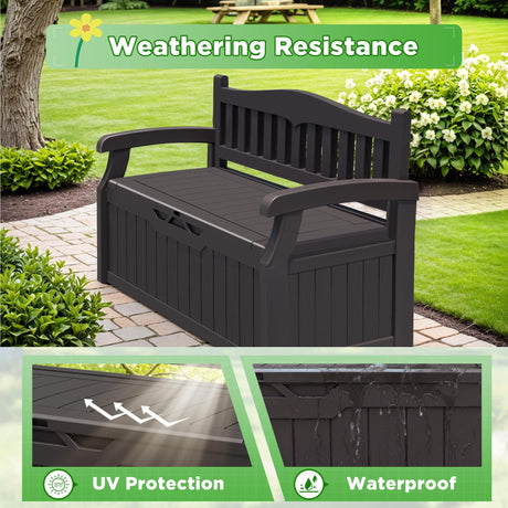 Greesum 70 Gallon Outdoor Storage Deck Box with Armrest Bench Lockable, Waterproof and UV Resistant, Suitable for Garden, Pool, Patio, Brown Greesum