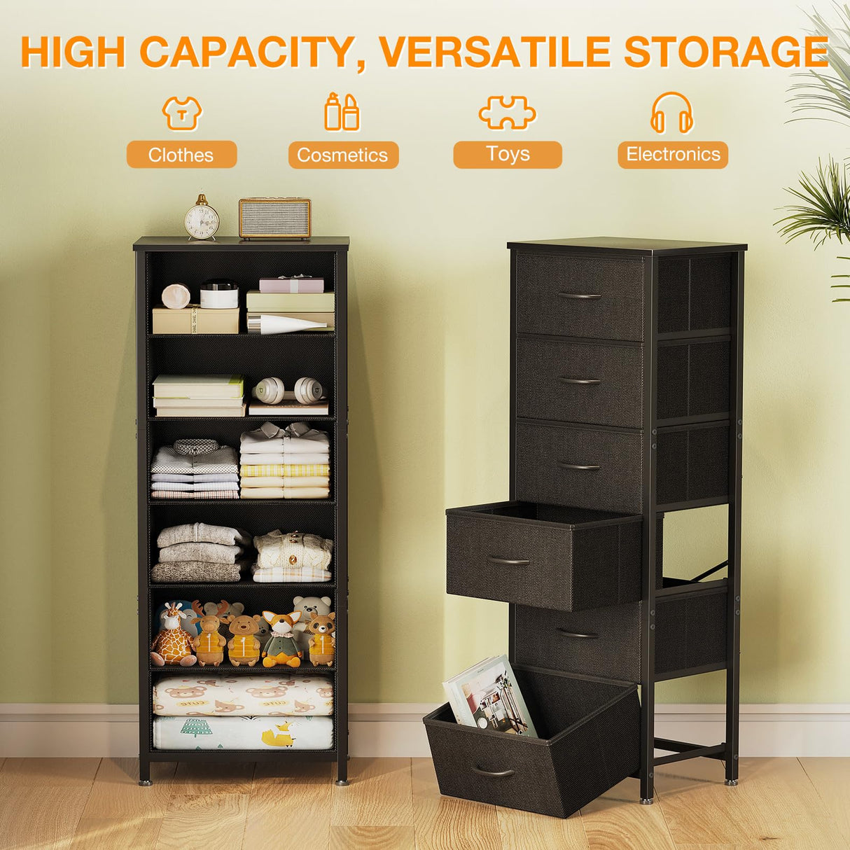 AODK Tall Dresser for Bedroom, Storage Dresser Organizer with 6 Fabric Drawers, Dressers Chests of Drawers, Fabric Dresser with Sturdy Steel Frame for Closet Storage, Hallway, Black AODK