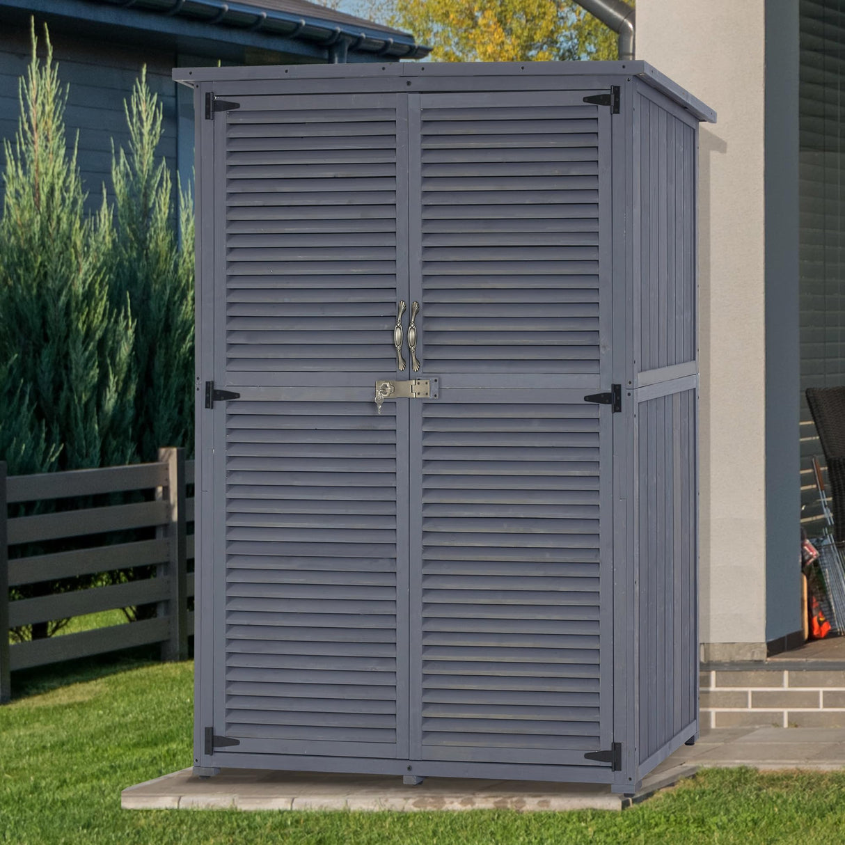 MCombo Outdoor Storage Cabinet, Wooden Storage Shed with Latch, Outside Garden Tool Shed with 2 Doors for Patio Yard Lawn, 1900 (Grey, Large) MCombo