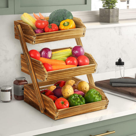 G.a HOMEFAVOR Wooden 3 Tier Fruit Basket, Brown, Pine Wood, Sturdy, Self-assembly G.a HOMEFAVOR