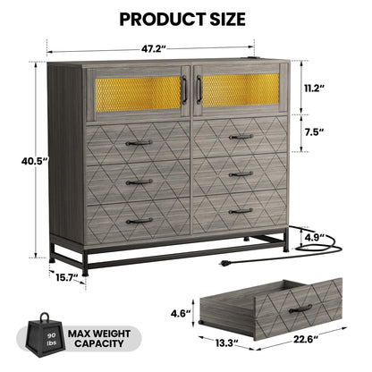 GarveeHome 6 Drawer Dresser for Bedroom with LED Lights and Charging Station, Wooden Double Dresser with 2 Shelves & Mental Grid Handle, Modern Chest of Drawers for Bedroom, Entryway, Hallway, Grey