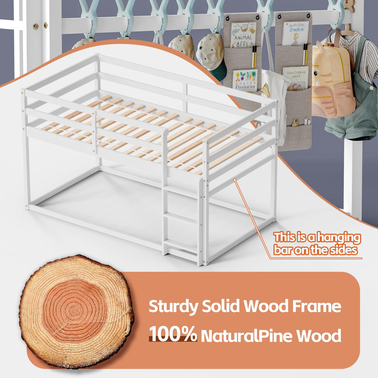 TOLEAD Low Bunk Bed Twin Over Twin, Floor Bunk Bed with Ladder, Twin Bunk Bed with Full Guardrails, Wooden Bunk Bed for Juniors, Boys, Girls, Kids, Bedrooms (White) TOLEAD