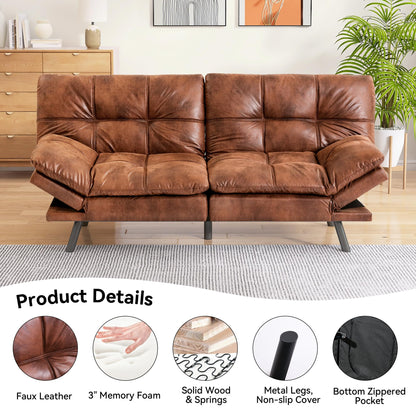 AMICLIBER Memory Foam Faux Leather Futon Sofa Bed Couch,Convertible Futon Sofa Couch,Loveseat Sleeper Sofa Bed,Small Splitback Modern Sofa Bed for Living Room,Office,Apartment,Brown