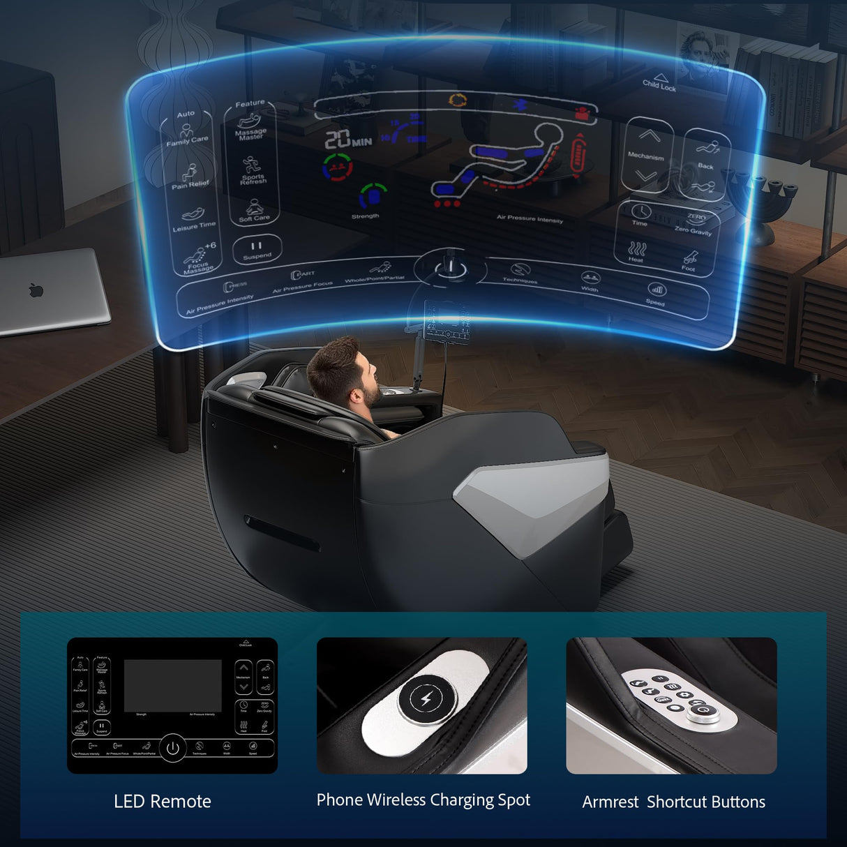 Redcamp Massage Chair Full Body: Zero Gravity with SL Track, 3D Robot Hands, Heat, Airbag Massage, Foot Roller, Bluetooth, Body Scan, LED Remote, Wireless Phone Charging Redcamp