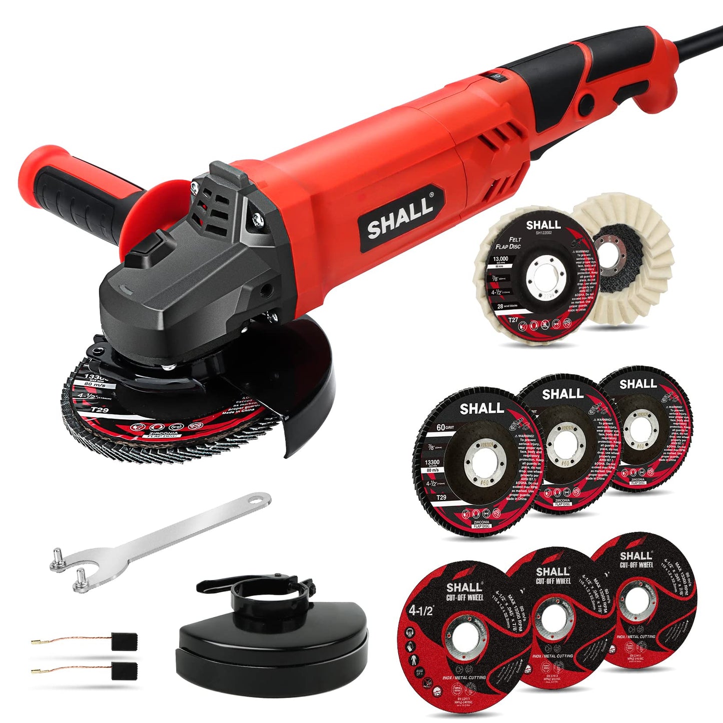 SHALL Angle Grinder Tool 7.5Amp 4-1/2 Inch, 6-Variable-Speed Grinders Power Tools, Electric Metal Grinder 12000 RPM w/ 2 Safety Guards, Cutting Wheels, Flap Discs, Non-Slip Handle for Metal/W - WoodArtSupply