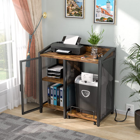Unikito 3-Tier Lateral Office Filing Cabinets with Socket and USB Charging Port, Modern Printer Stand and Paper Shredder Stand Rack with Wheels and Open Storage Shelves for Home Office, Rustic Brown Unikito