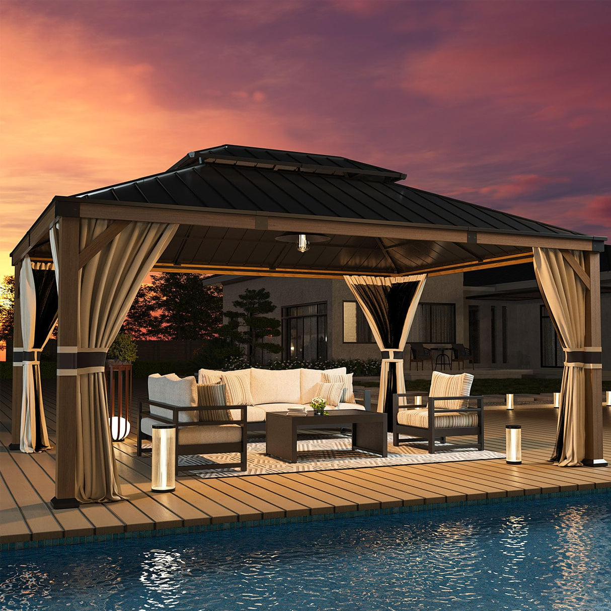 UDPATIO 12' x 16' Hardtop Gazebo, Wood Grain Finish Aluminum Frame Outdoor Gazebo with Galvanized Steel Double Roof, Metal Gazebo Canopy with Curtain and Netting for Patio, Deck and Lawn, Beige UDPATIO