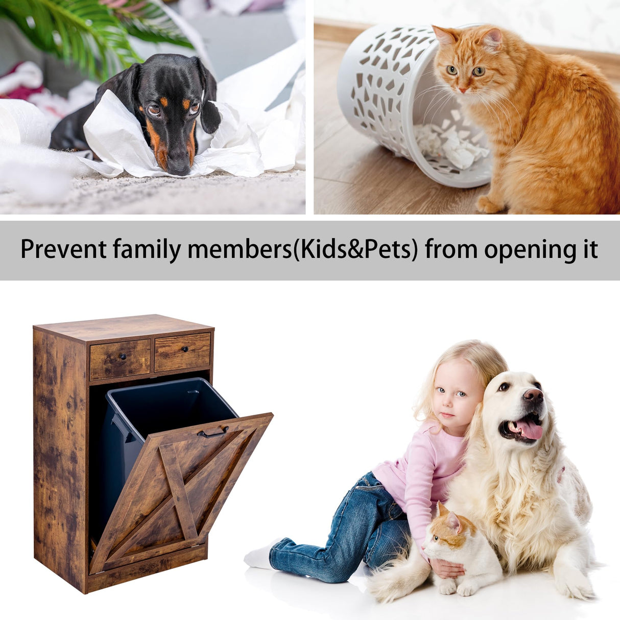 Zvyteay 13 Gallons Tilt Out Trash Can Cabinet, Wooden Trash Cabinet with 2 Drawers, Free Standing Kichen Waste Bin Recycling Cabinet Pet Proof Hidden Trash Cabinet for Kitchen (Brown) Zvyteay