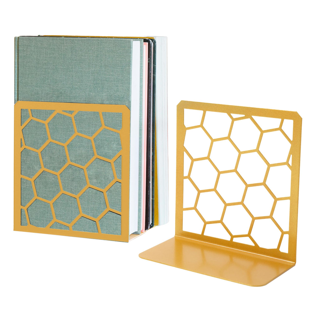 Premium Geometric Gold Honeycomb Bookends for Shelves, Metal Book Ends for Office, L-Shaped Book Stopper, Rustproof Bookends Decorative Unique for Home, 6.25 (L) x 6 (W) inches, 1 Pair - Geomod GEOMOD