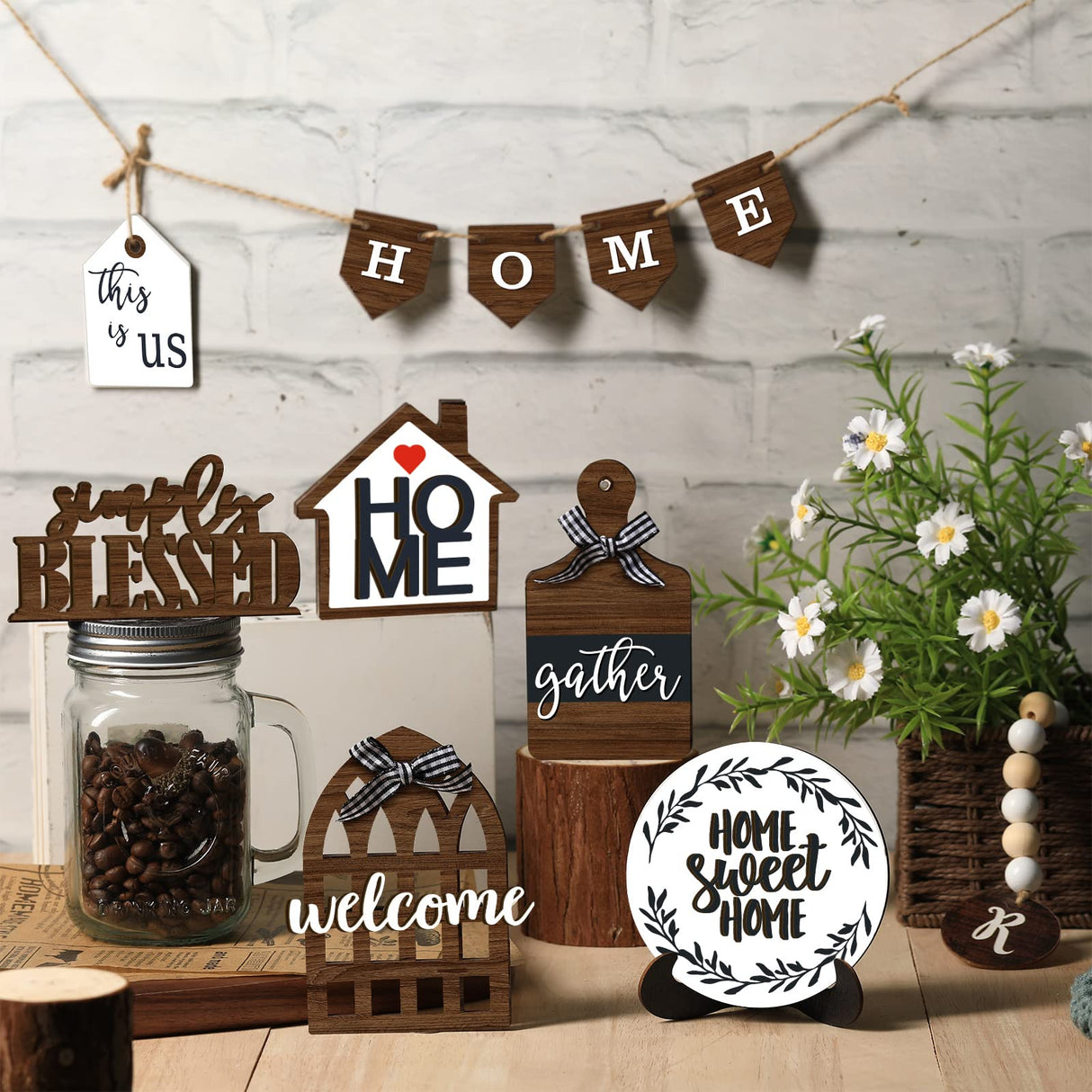 11 Pieces Farmhouse Tiered Tray Decor Home Wood Sign Rustic Home Sweet Home Simply Blessed Wooden Beads Tiered Tray Decorations Set for Home Kitchen Table Shelf (Farmhouse Style) Yalikop