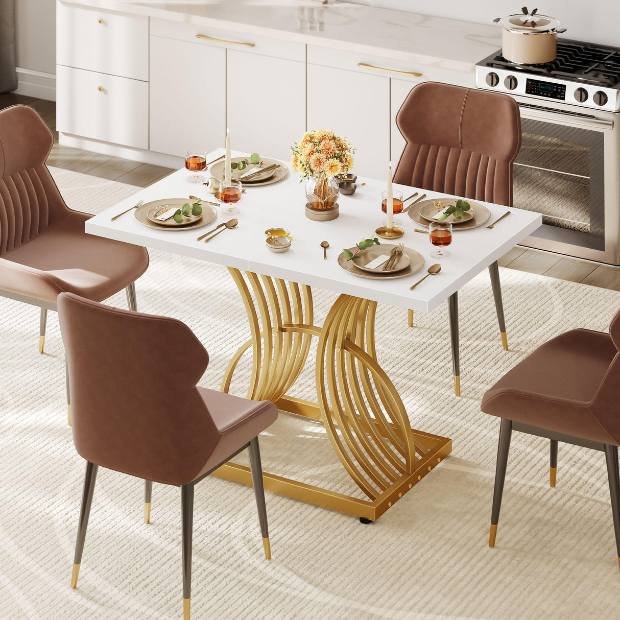 DWVO Modern Dining Table for 4 People 47 Inch Rectangular Kitchen Table with Faux Marble Tabletop and Gold Geometric Legs Small Dinner Table Kitchen & Dining Room Furniture White and Gold DWVO