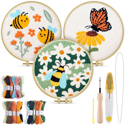TINDTOP 3 Sets Punch Needle Kits, Flowers Punch Embroidery Kits for Adults Beginner, Tool with Punch Needle Fabric, Hoops, Yarns and Sewing Needles