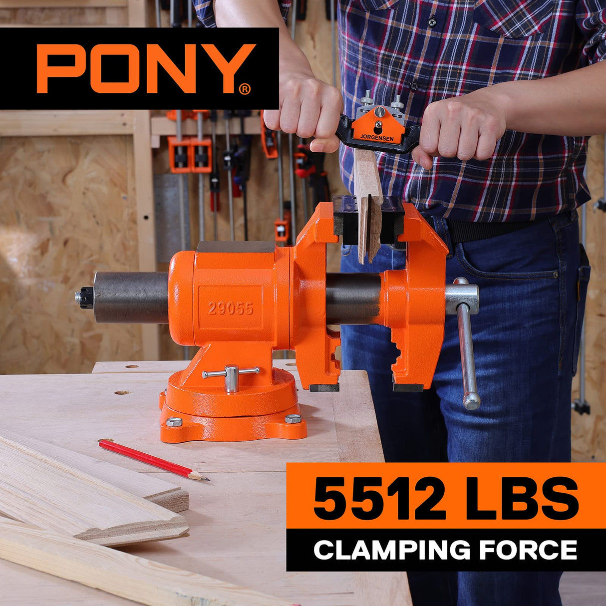 PONY Heavy Duty Bench Vise, 5-inch Jaw Width 5-inch Jaw Opening, 360-Degree Swivel Base with Anvil, Utility Combination Pipe Home Vise for Woodworking, One-Pair Vise Jaw Pad Included PONY