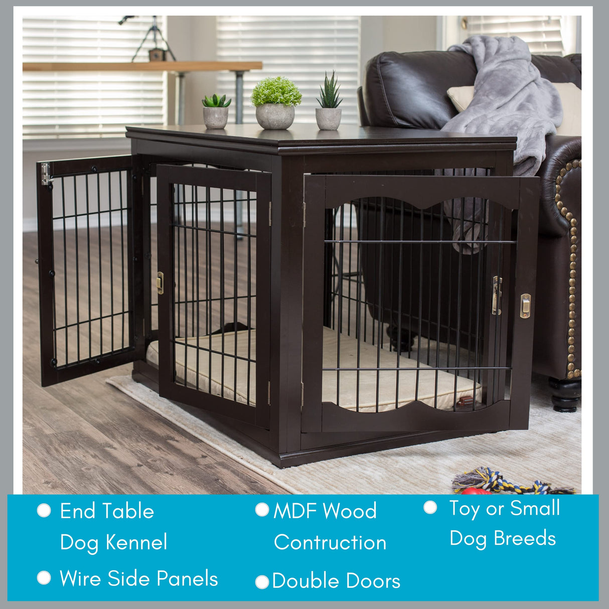 INTERNET'S BEST Decorative Dog Kennel with Pet Bed, Small Pet House, Double Door Indoor Crate, Engineered Wood & Wire Furniture, Side Table & Nightstand, Fits Small Dogs - Espresso Internet's Best