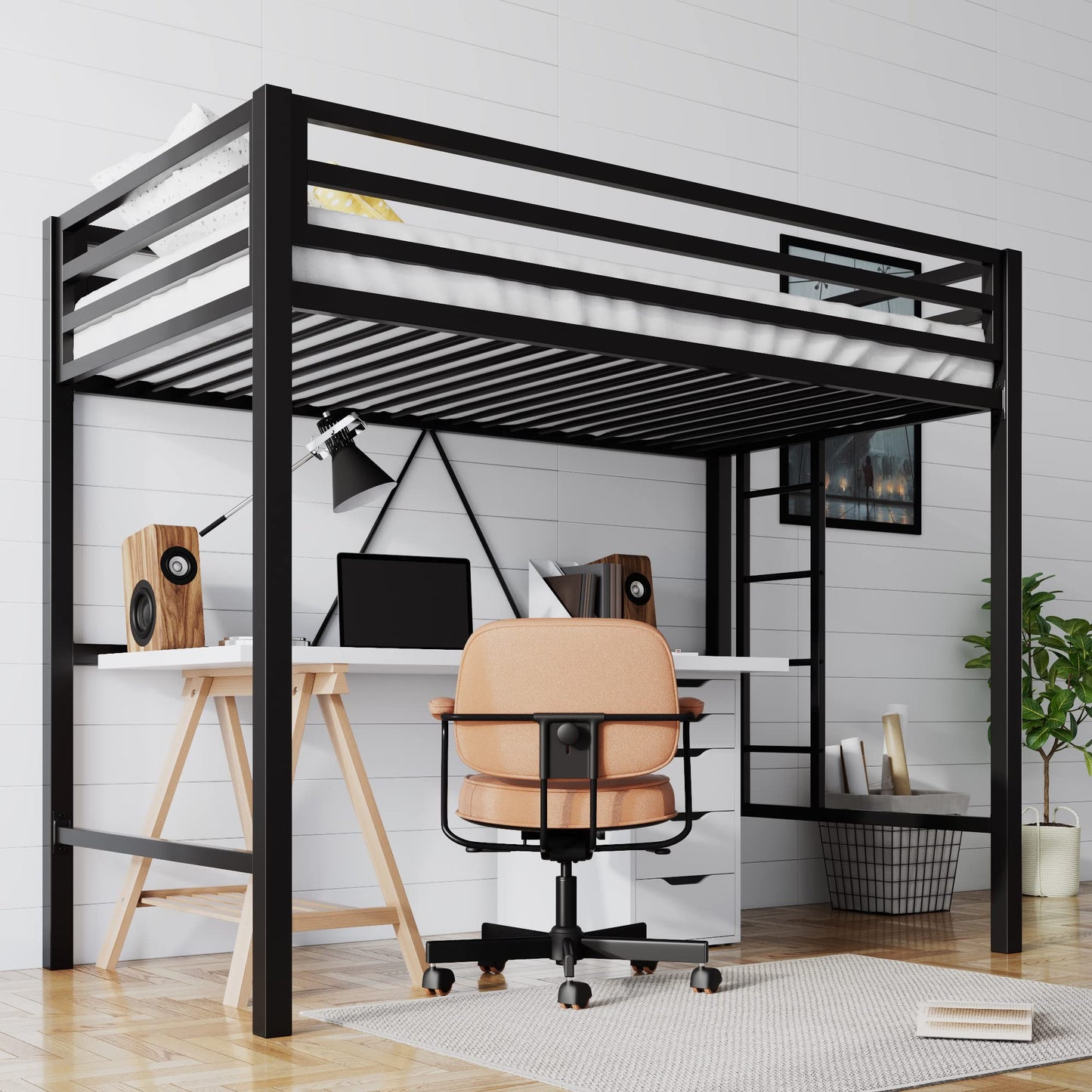 Heavy Duty SHA CERLIN Junior Loft Bed Twin Size with Full-Length Guardrail & Removable Stairs, Space-Saving Design, Noise-Free, Black