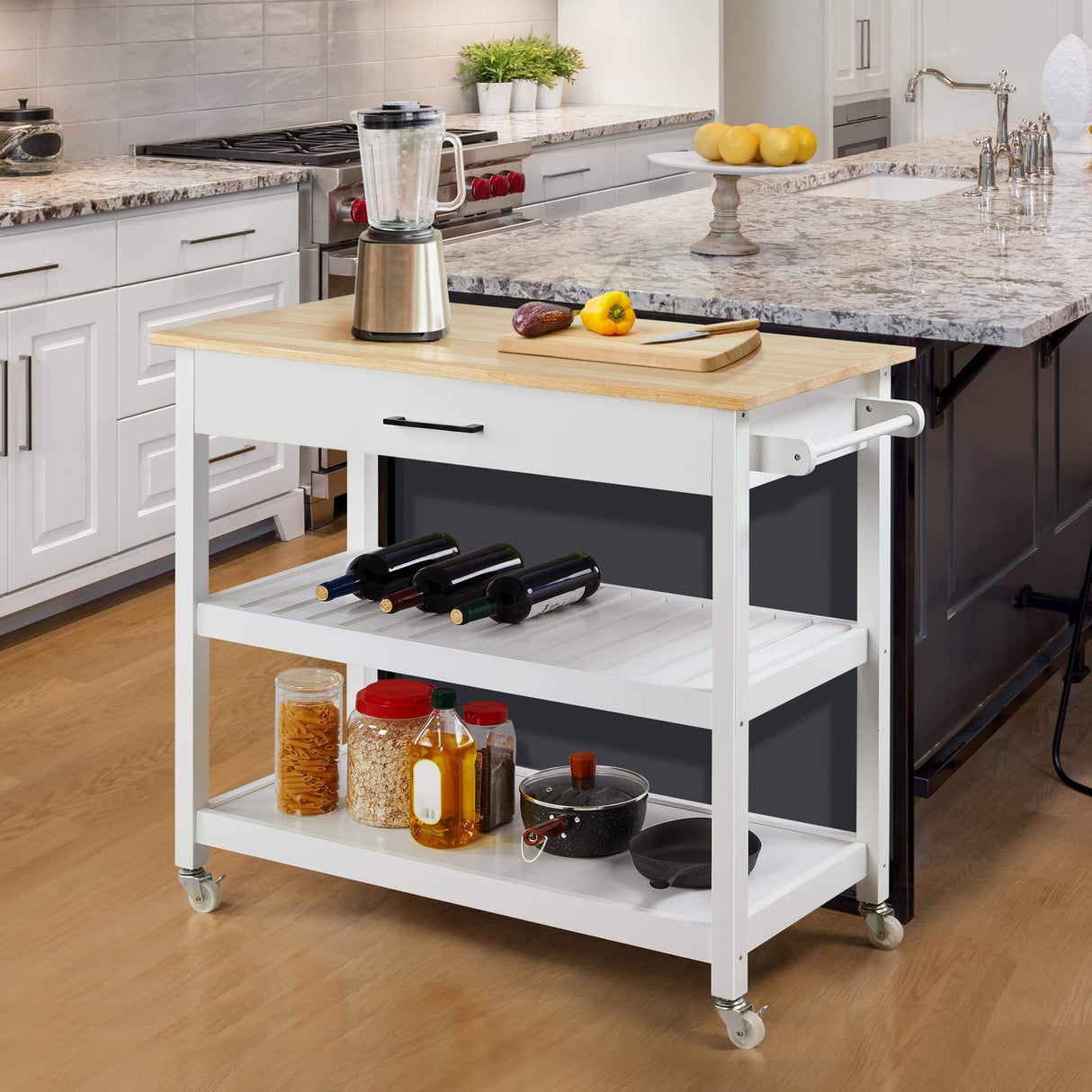 Yaheetech 40" Width Kitchen Island Cart on Wheels, 3 Tiers Rolling Utility Cart with Solid Wood Top and Drawer & 2 Spacious Storage Shelf, Serving Trolley for Dining Room, White Yaheetech
