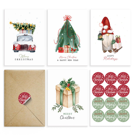 Merry Christmas Cards Boxed with Envelopes Set of 20 Cards - Woodlands Watercolor Designs on Heavy Duty Card Stock - 5x7 Inches Blank Inside - Bulk Christmas Cards with Matching Stickers Paper Play
