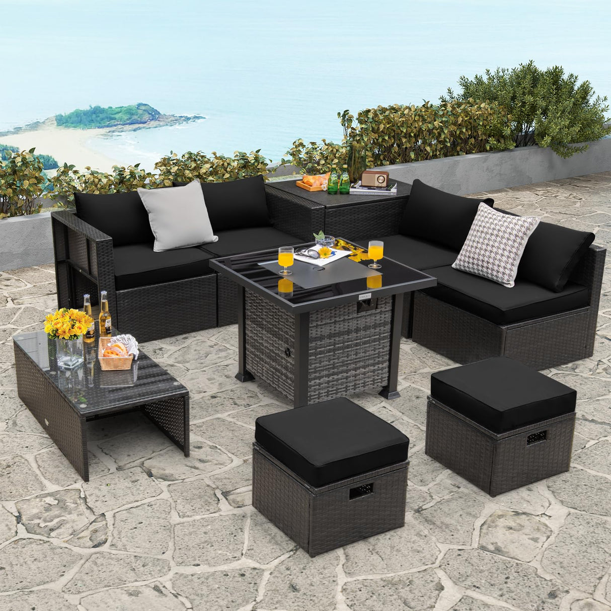 Tangkula 9 Pieces Patio Furniture Set with 50,000 BTU Propane Fire Pit Table, Outdoor Wicker Space-Saving Sectional Sofa Set with Storage Box, 32” Square Gas Fire Pit (Black) Tangkula